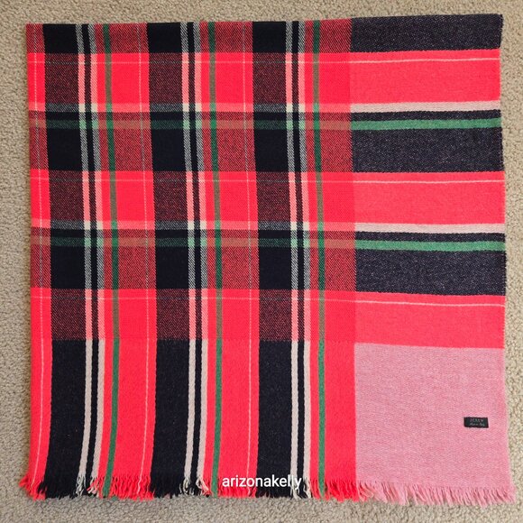 J. Crew Pink Plaid Wool Square Scarf Vibrant Colors - Picture 1 of 15
